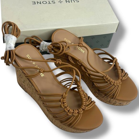 NEW Sun + Stone Strappy Lace Up Wedge Sandals SZ 7 Brown Wrap Around Boho Heels - Picture 8 of 12